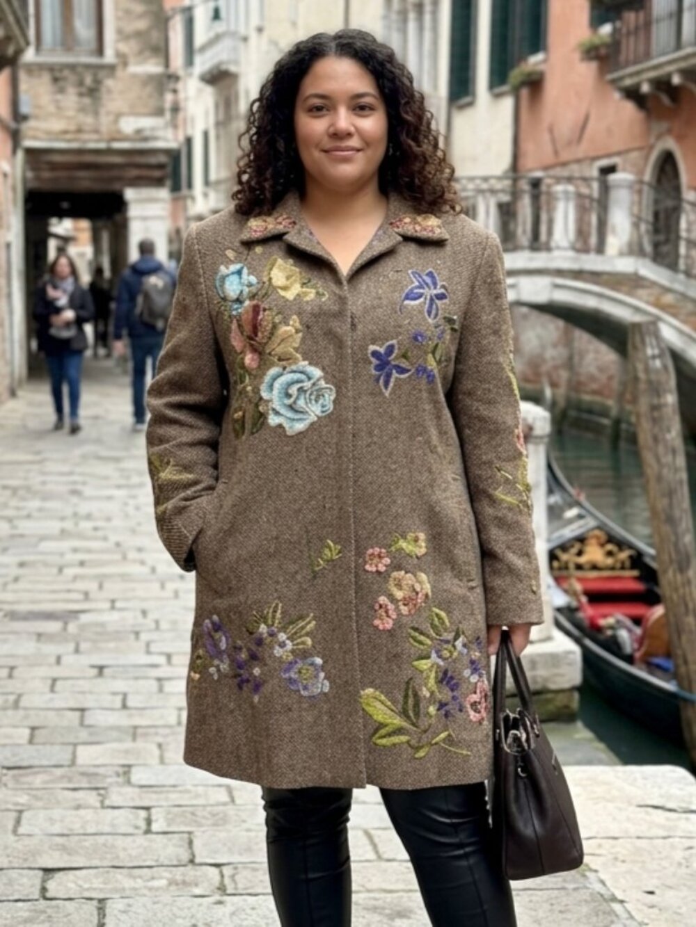Nygard Collection Floral and Bird Embroidered Tweed Overcoat